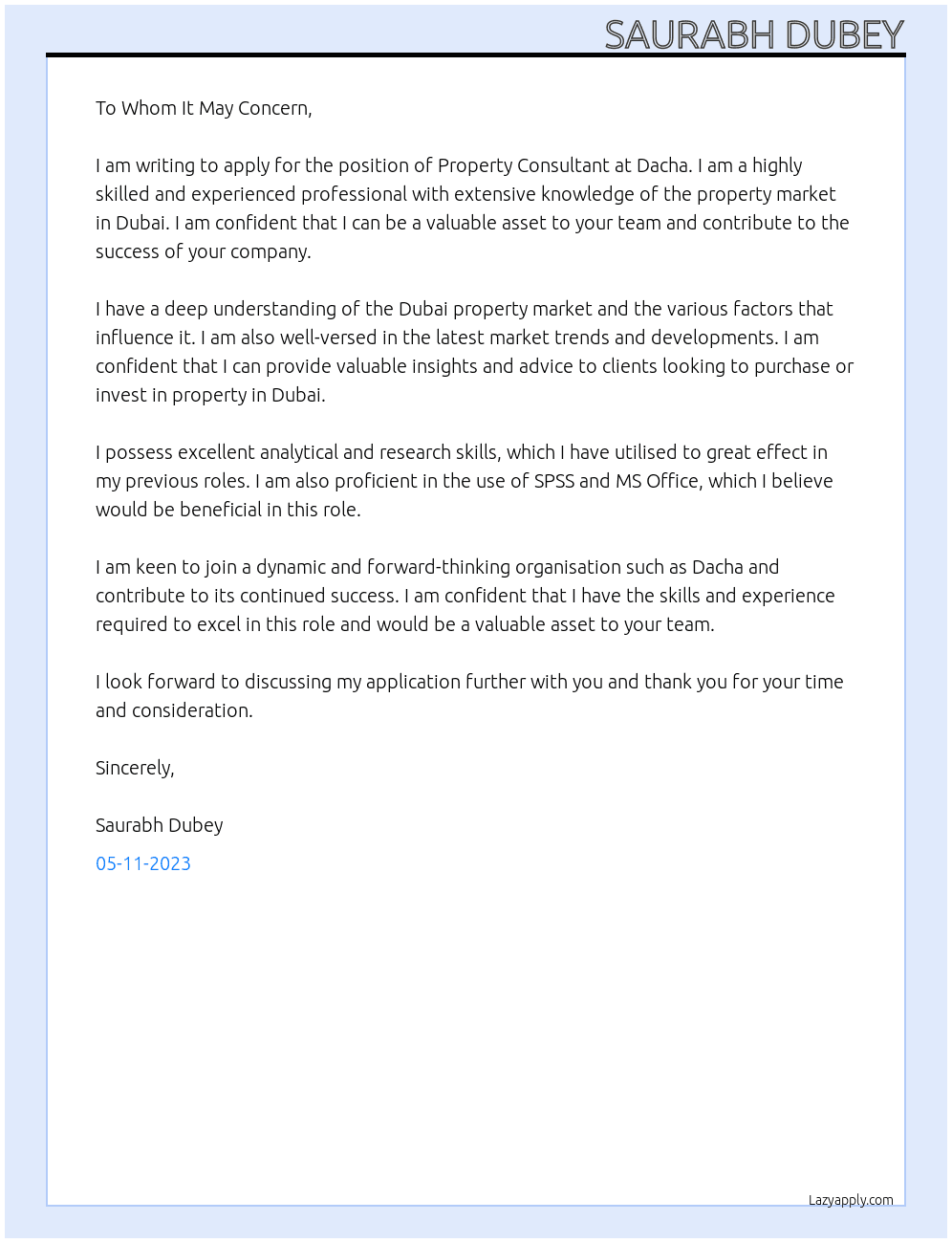 Property Consultant  At Dacha  Cover Letter