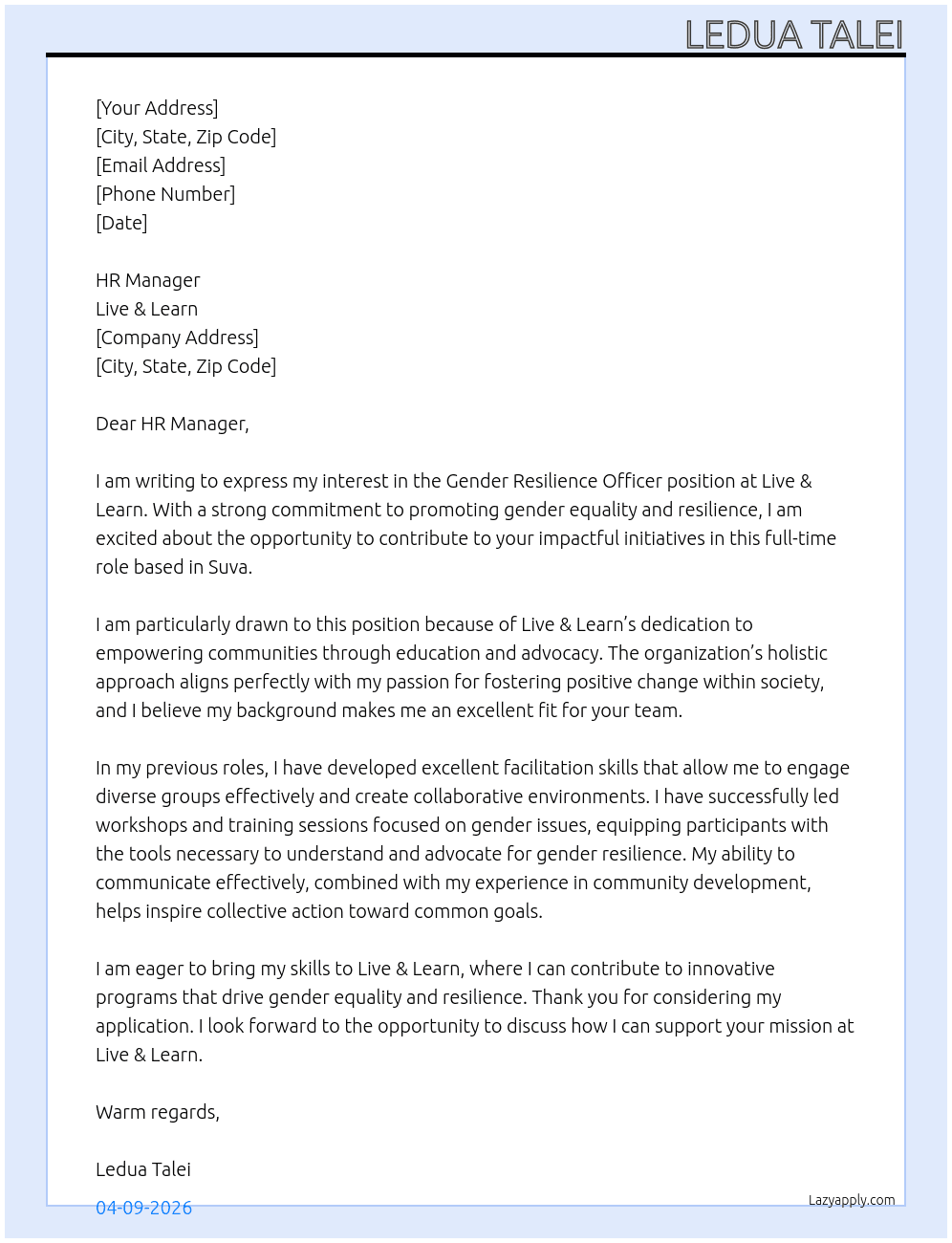 Gender Resilience Officer At live & learn Cover Letter