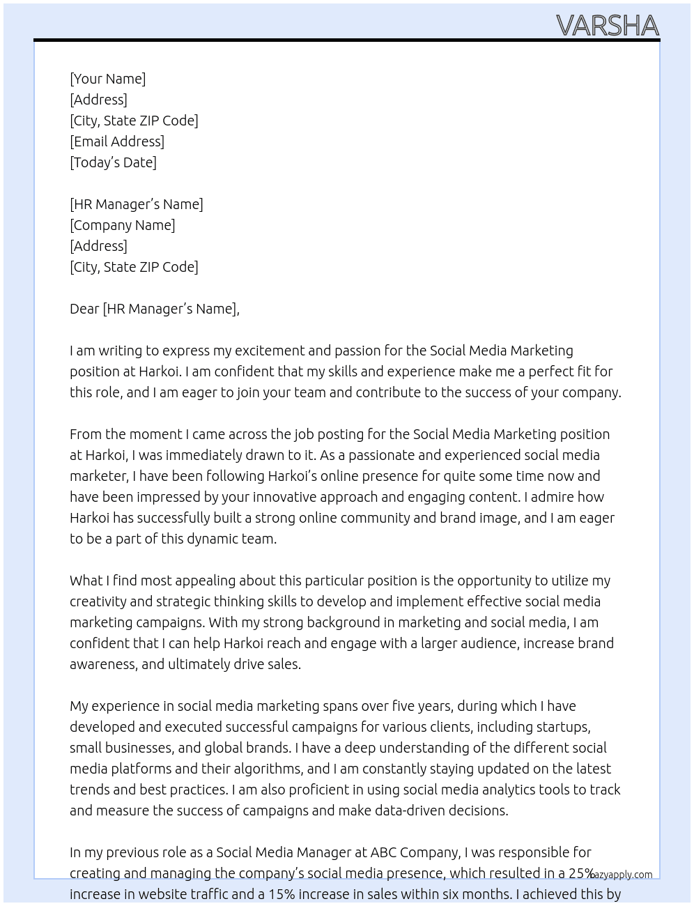 Social Media Marketing At Harkoi Cover Letter