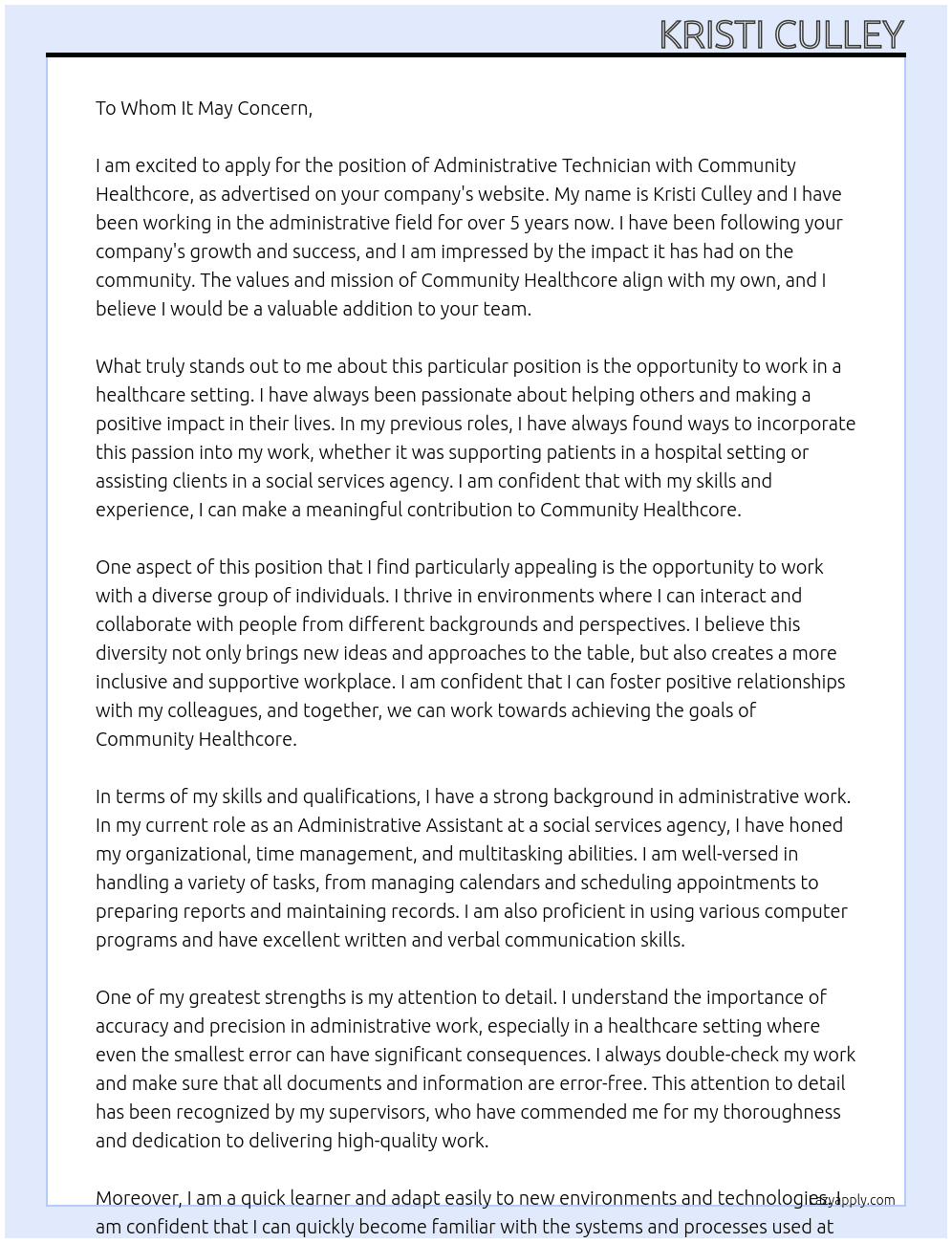 Administrative Technician At Community Healthcore Cover Letter