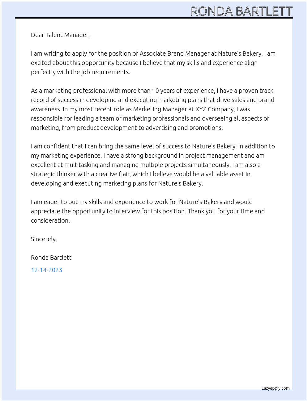 Associate Brand Manager At Nature's Bakery Cover Letter