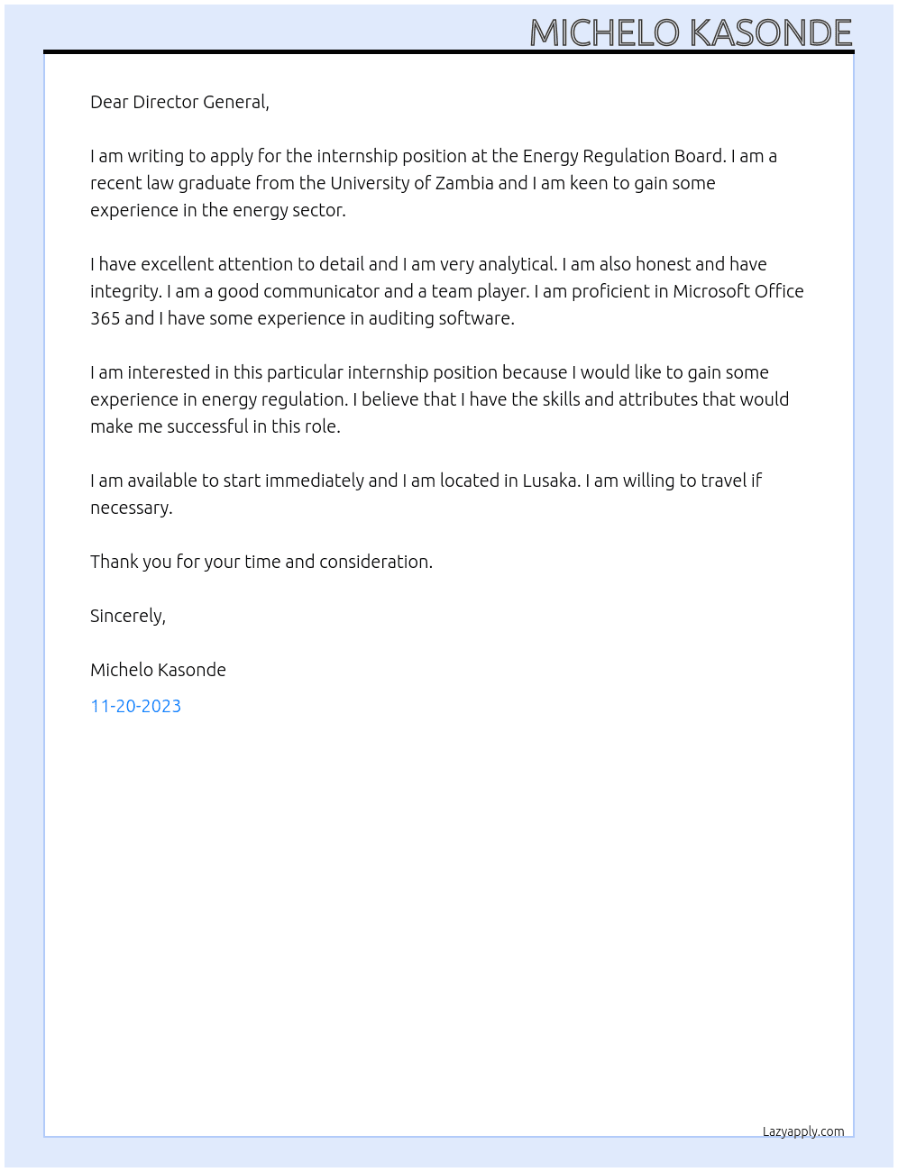 Legal intern  At Energy Regulation Board Cover Letter