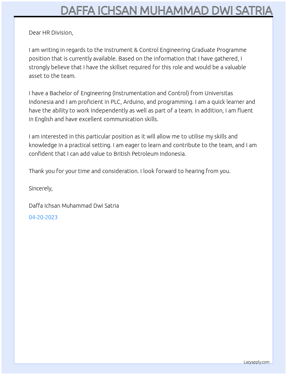 Instrument & Control Engineering Graduate Programme At British Petroleum Indonesia Cover Letter