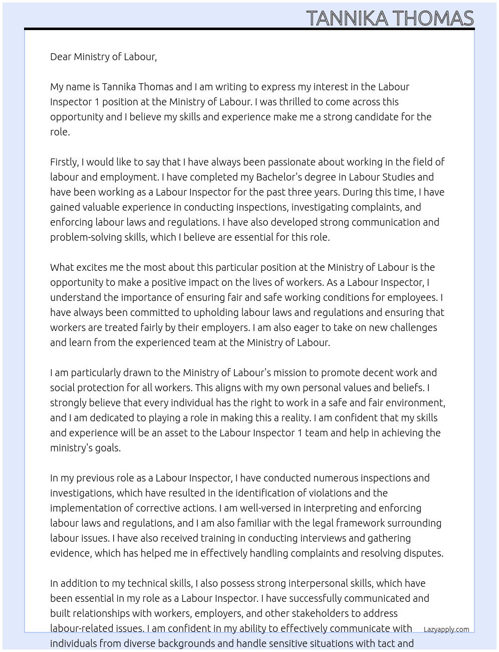 Labour Inspector 1 At Labour Inspector 1 Cover Letter