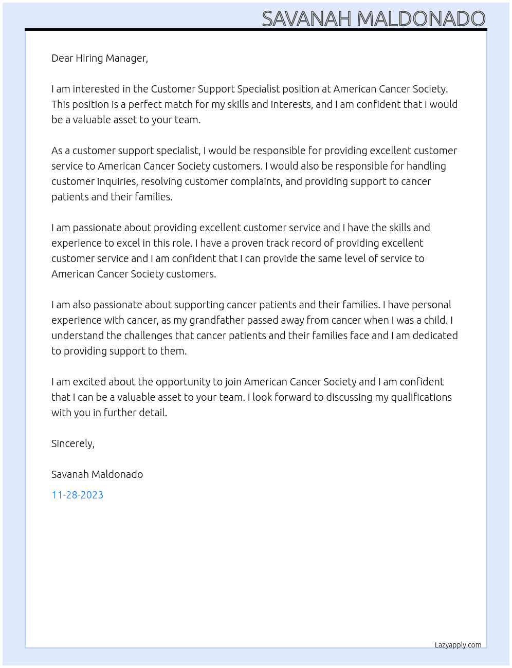 Customer Support Specialist At American Cancer Society Cover Letter