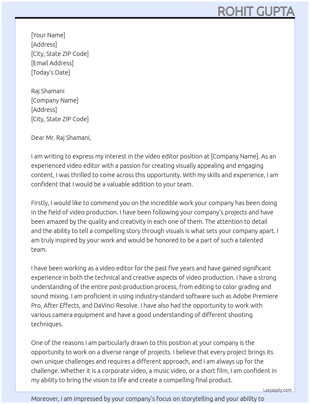 video editor At Raj shamani Cover Letter