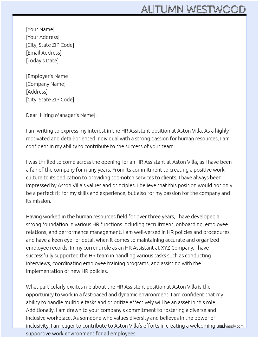hr assistant At aston villa Cover Letter