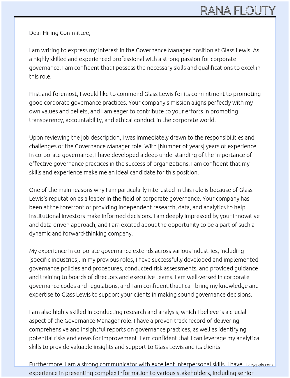 governance manager  At glass lewis Cover Letter