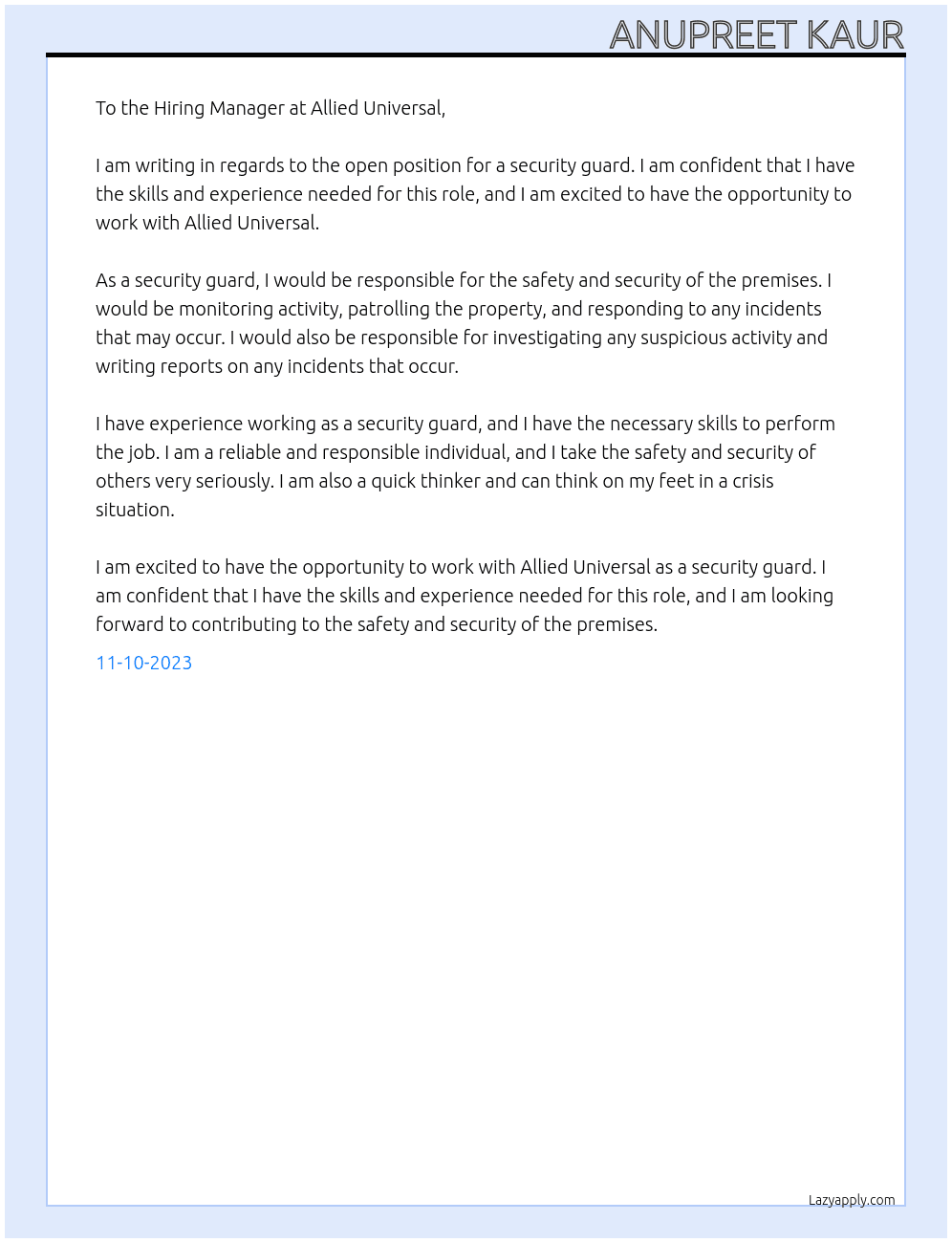 Security Guard At Allied Universal Cover Letter