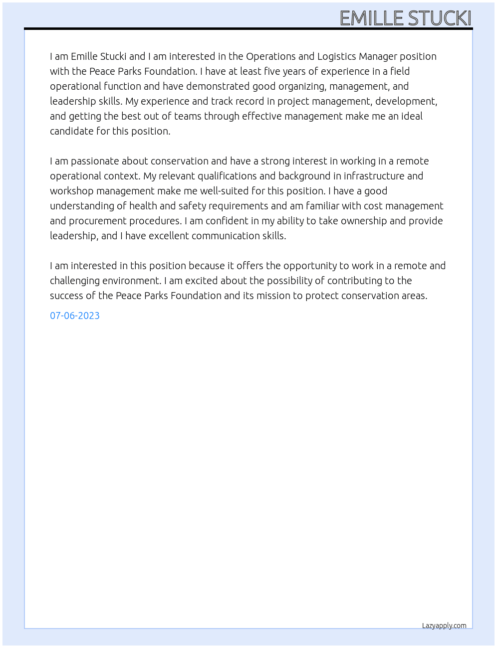Operations and Logistics Manager At Peace Parks Foundation Cover Letter