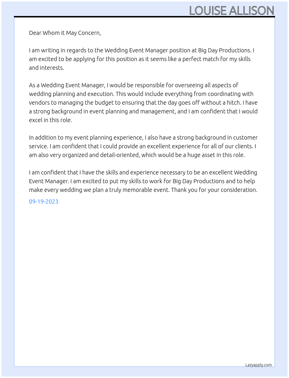 Wedding Event Manager At Big Day Productions Cover Letter