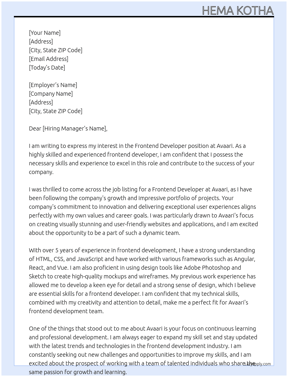 Frontend developer  At Avaari Cover Letter