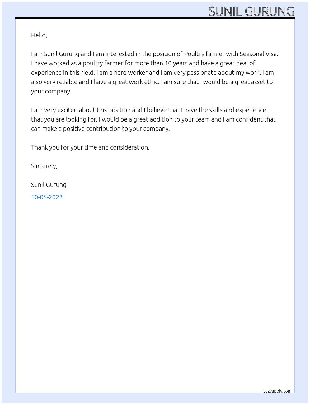 Poultry farmer At Seasonal Visa Cover Letter