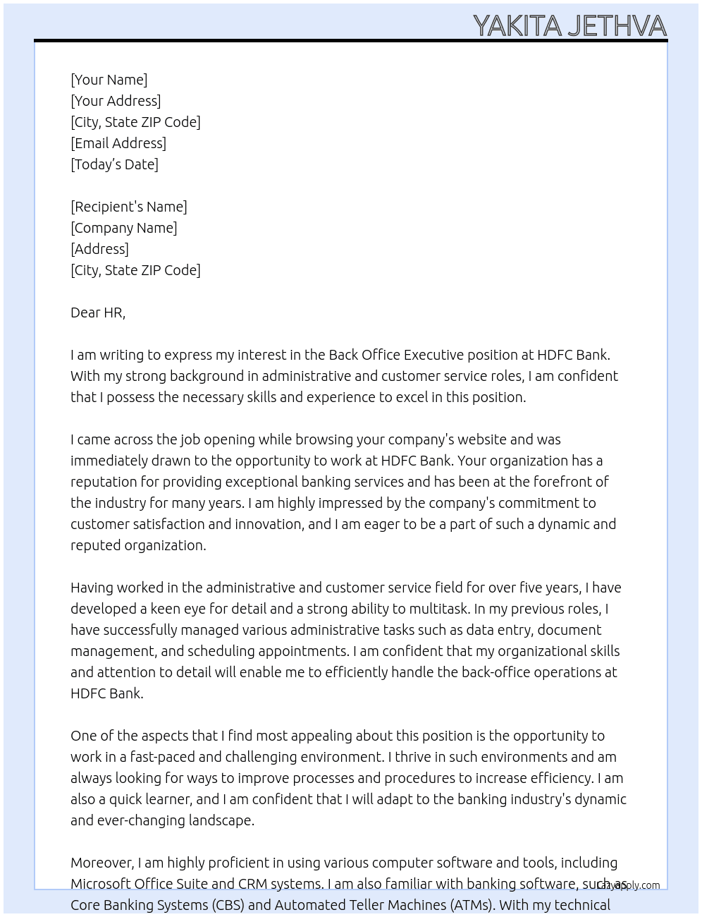 Back Office Executive  At HDFC Bank  Cover Letter