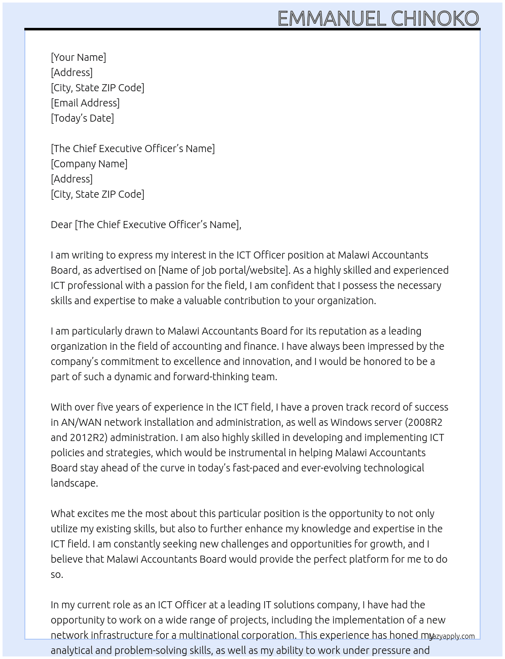 ICT officer  At Malawi Accountants Board Cover Letter