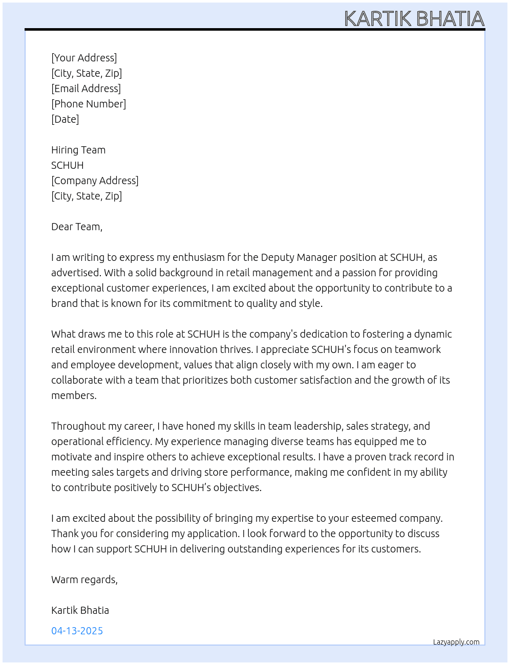 Deputy Manager At SCHUH Cover Letter