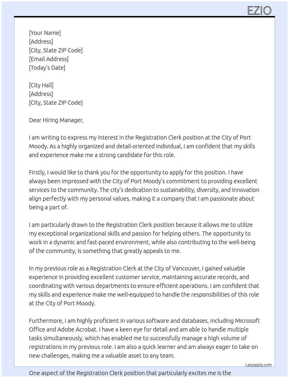 registration clerk At city of port moody Cover Letter