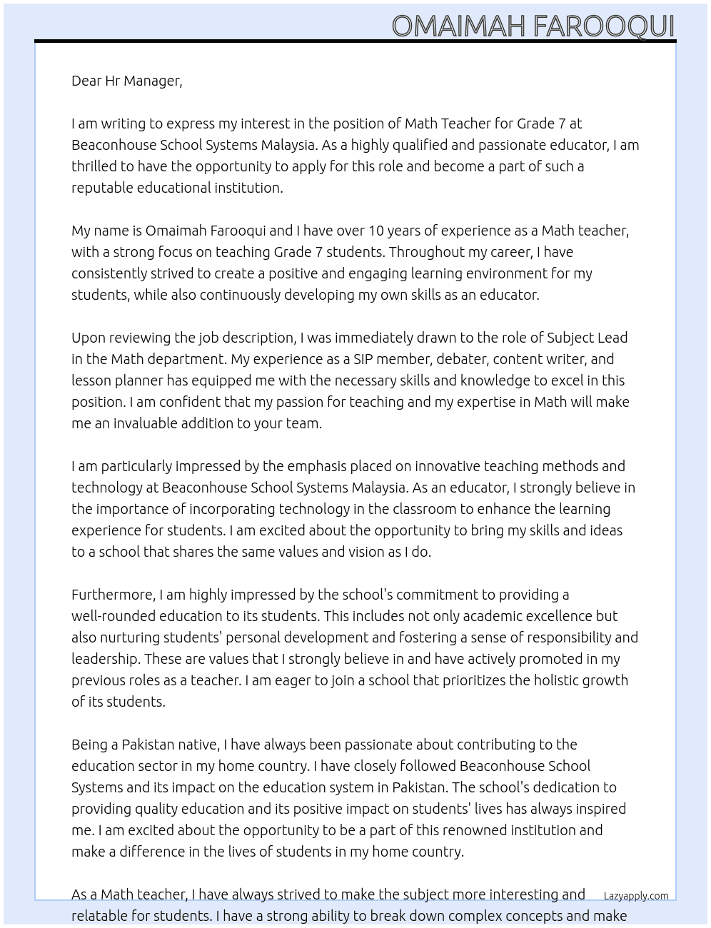 Math teacher for grade 7 At Beaconhouse School systems Malaysia Cover Letter