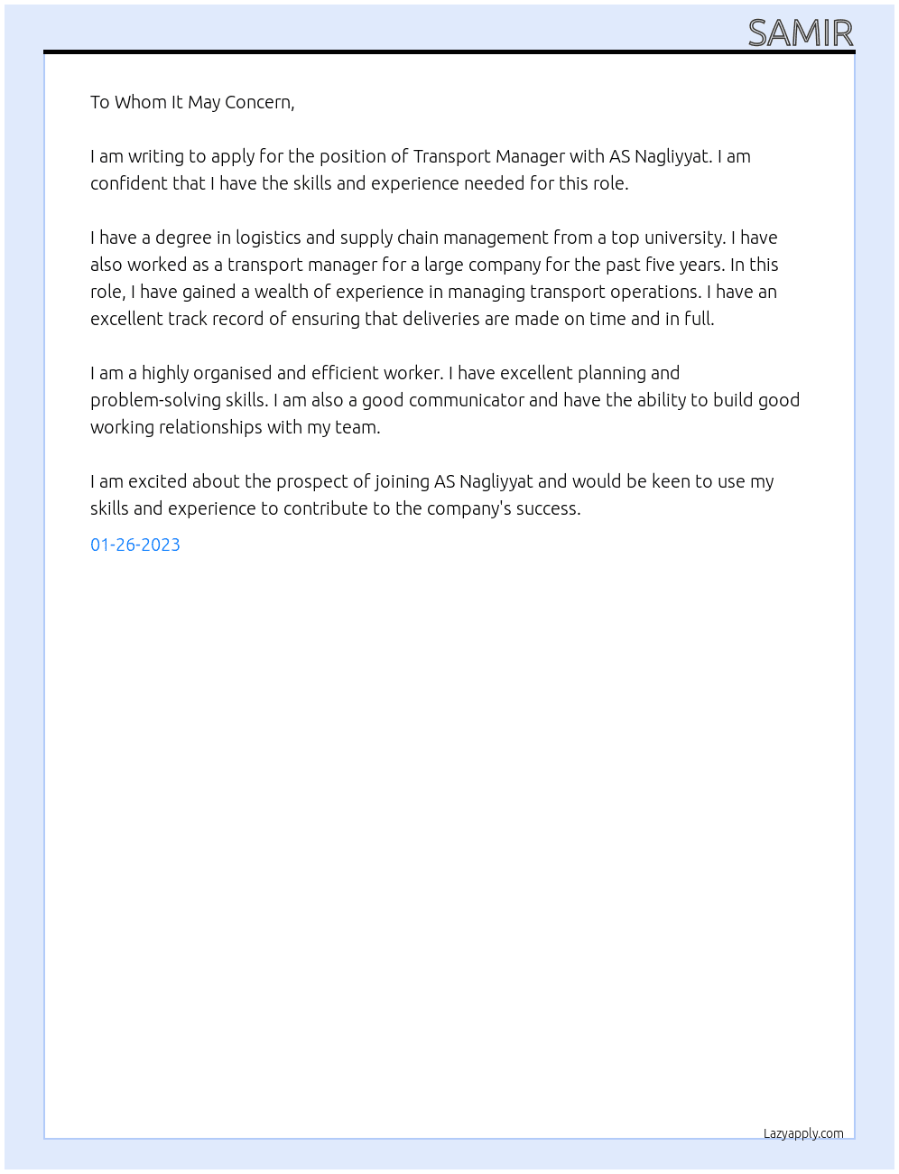 Transport manager At AS Nagliyyat Cover Letter