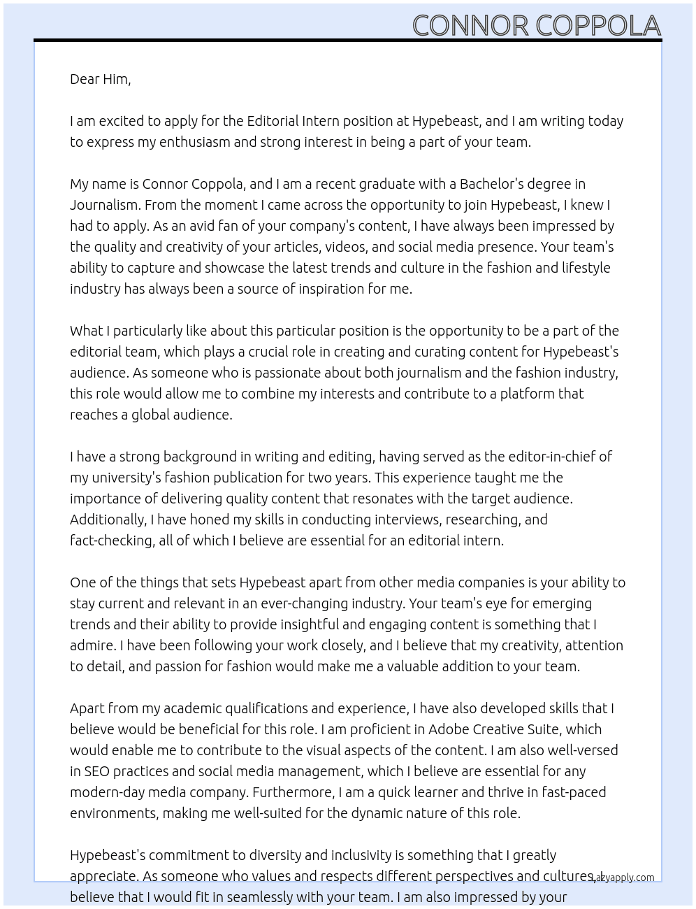Editorial Intern At Hypebeast Cover Letter