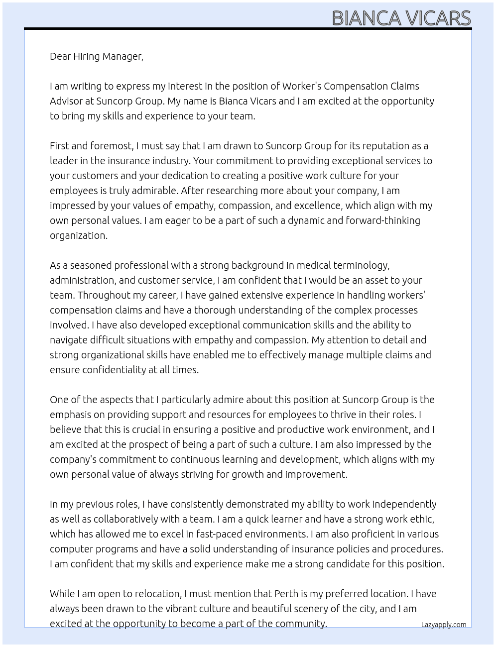 Worker's Compensation Claims Advisor At Suncorp Group Cover Letter