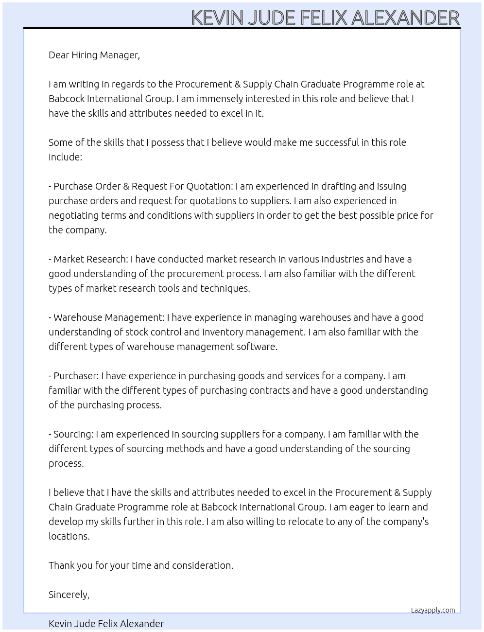 Procurement & Supply Chain At Babcock International Group Cover Letter