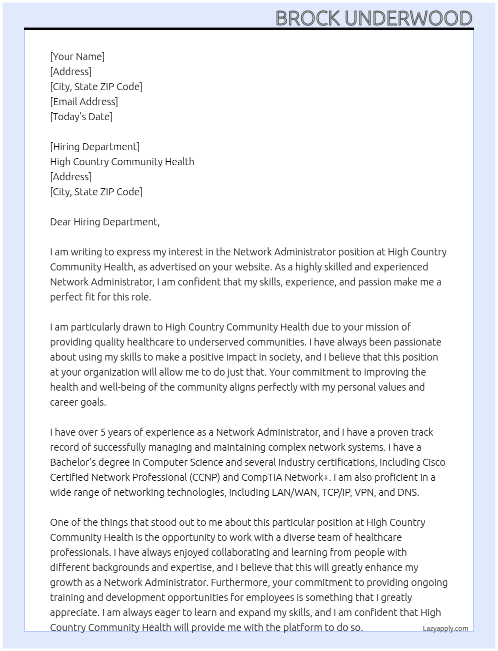 Network Administrator At High Country Community Health Cover Letter