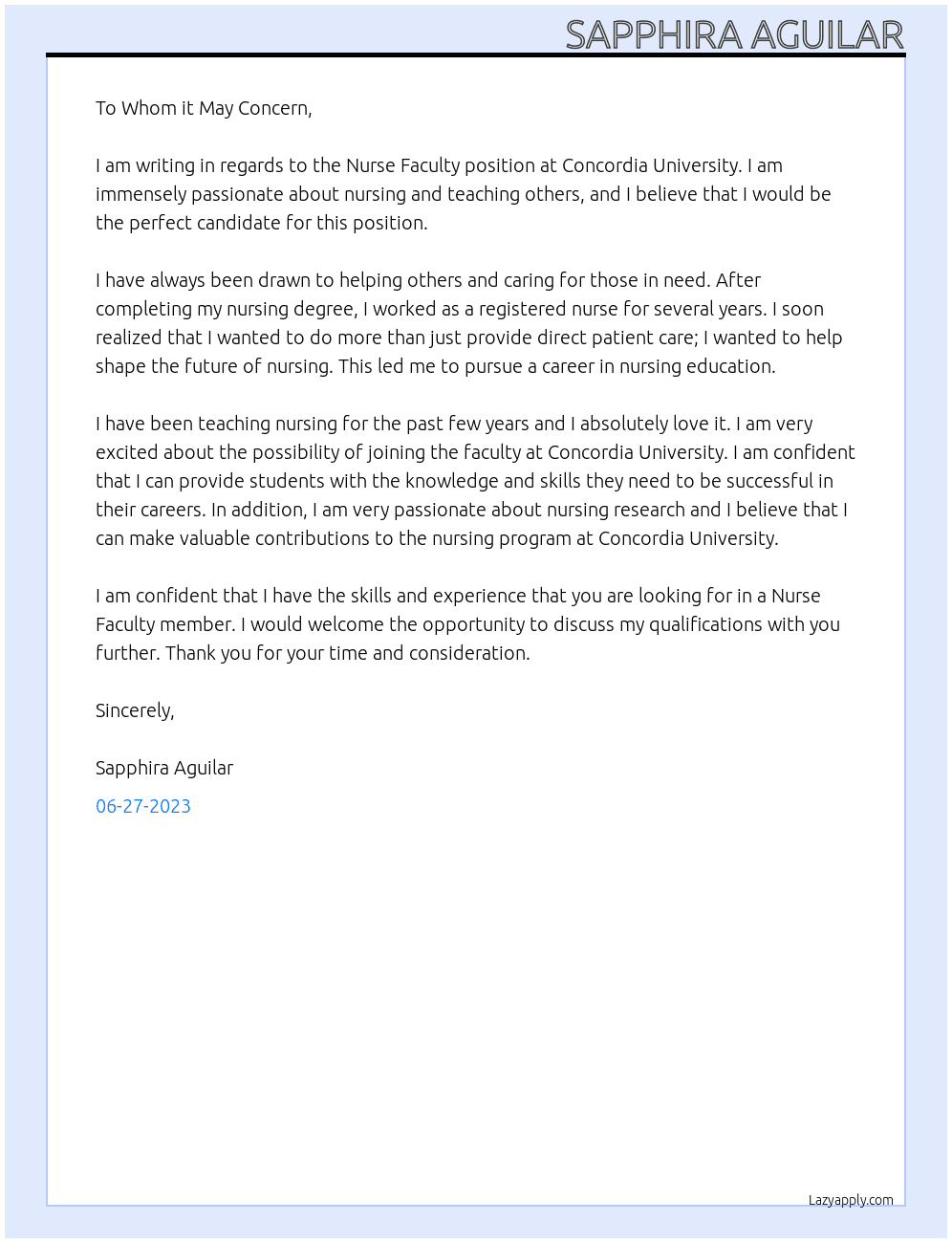 Nurse Faculty At Concordia University Cover Letter