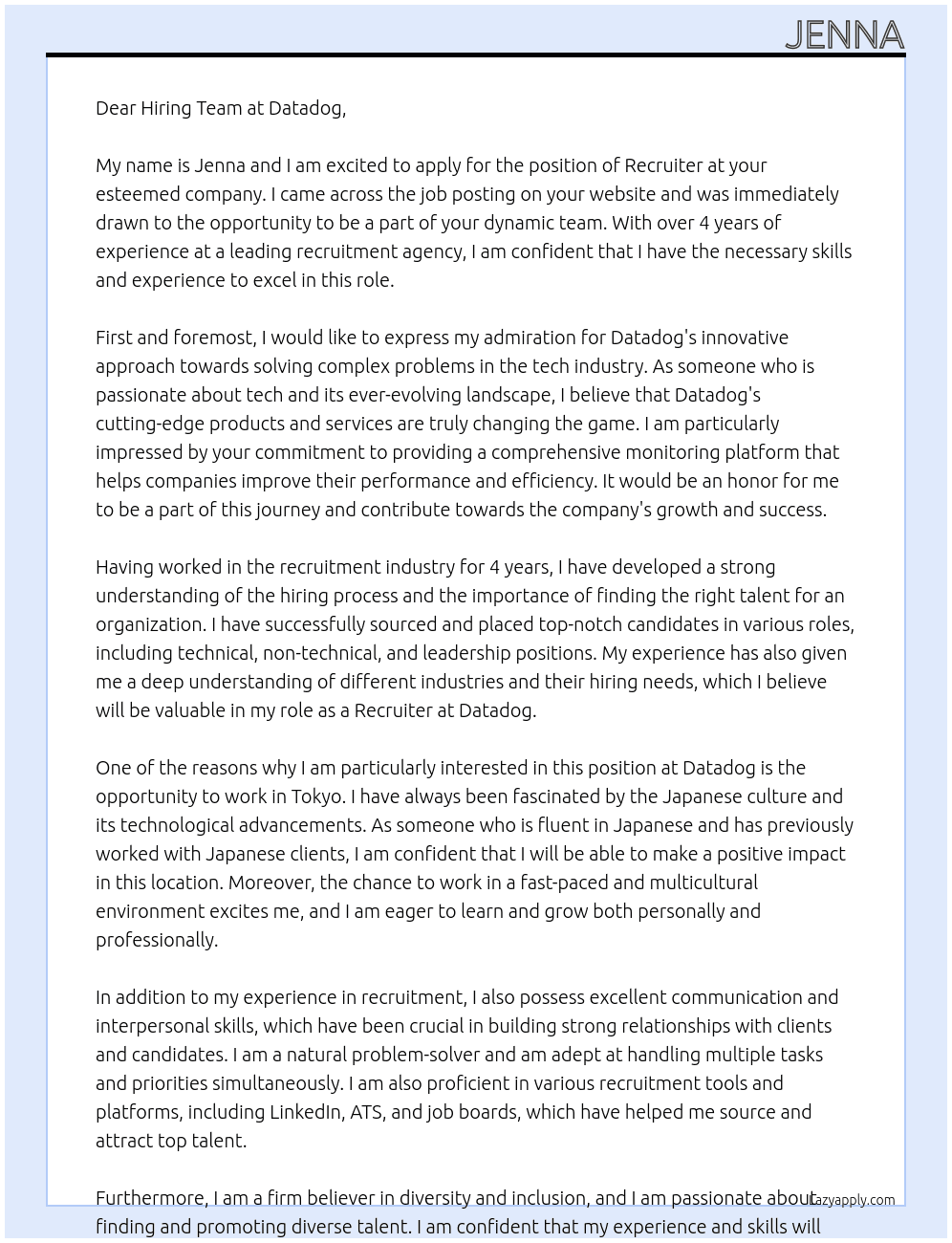 Recruiter At Datadog Cover Letter