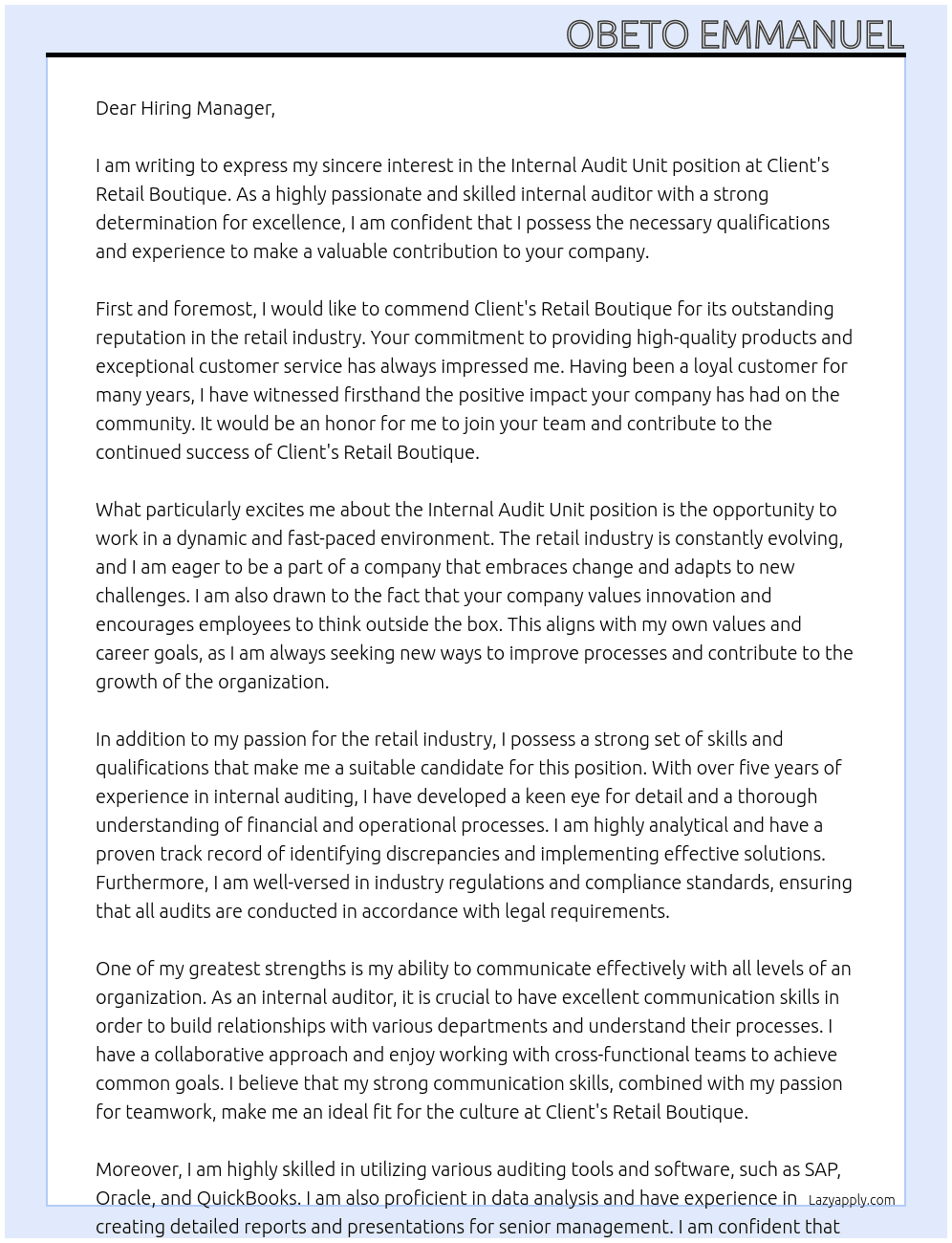Internal audit unit At Client's Retail Boutique Cover Letter