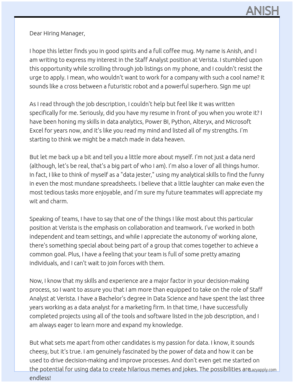 Staff Analyst At Verista Cover Letter