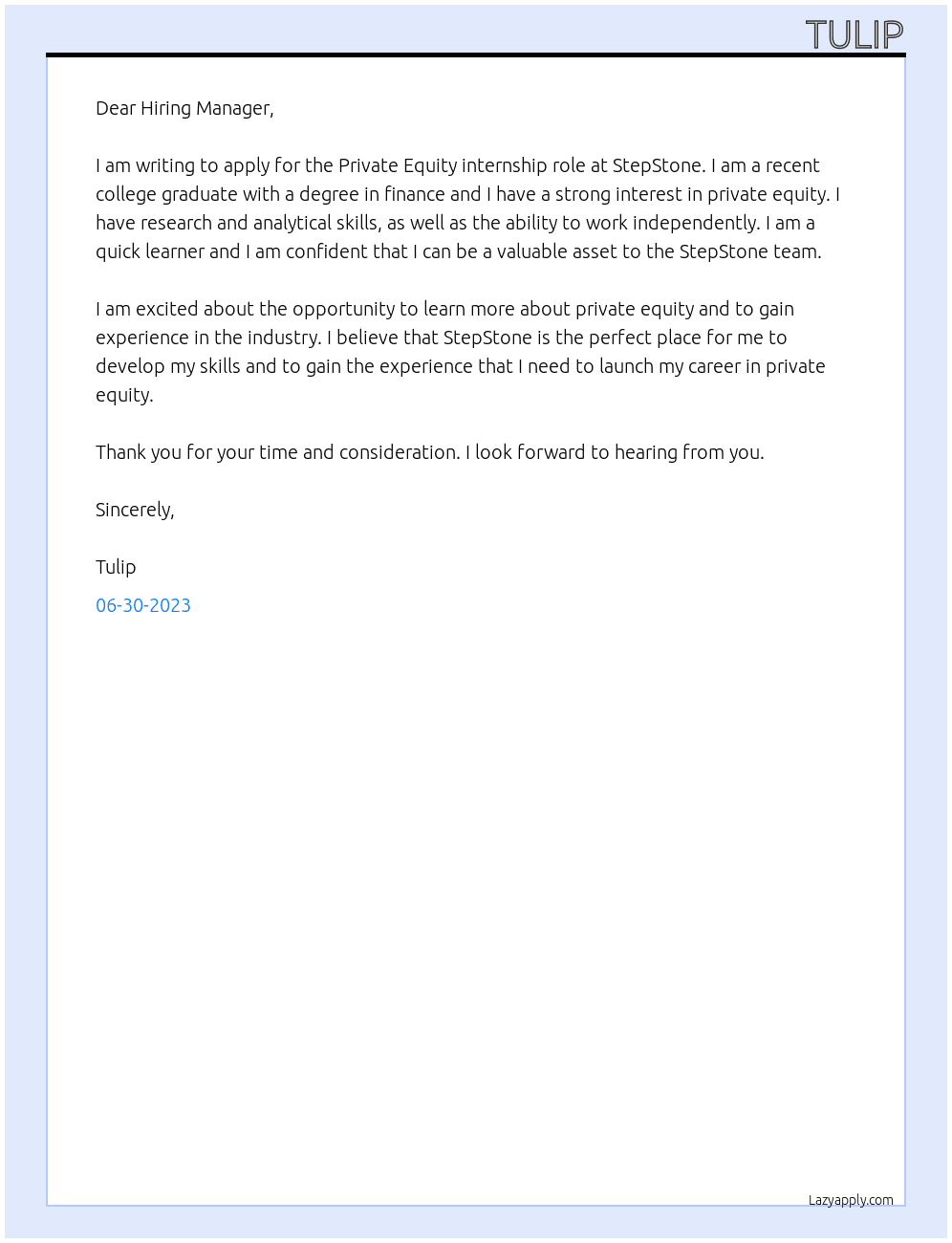 Private Equity At StepStone Cover Letter