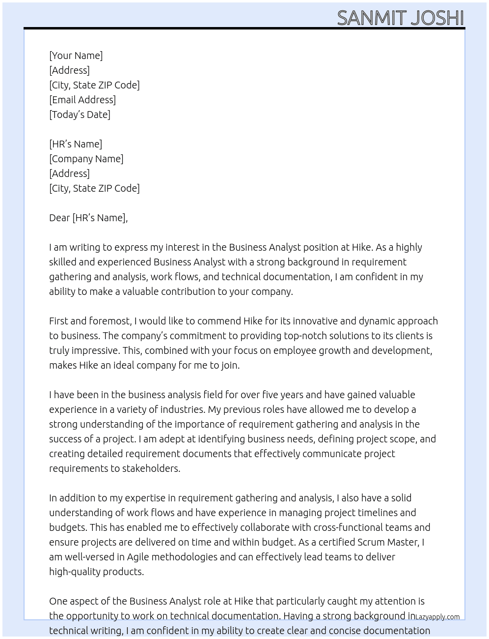 Business Analyst At Hike Cover Letter