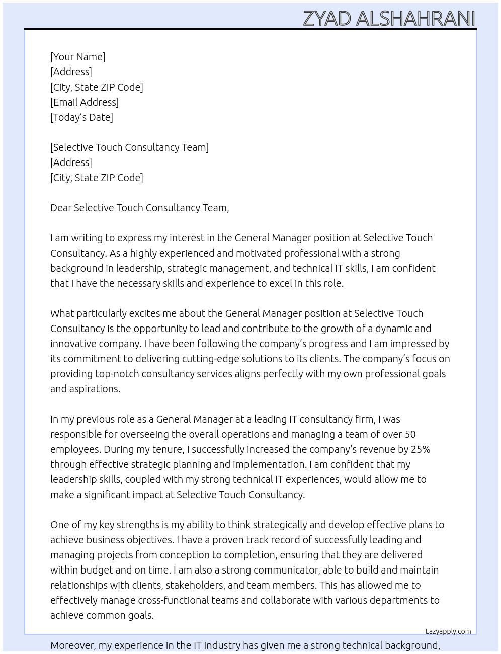 General Manager At Selective Touch Consultancy Cover Letter