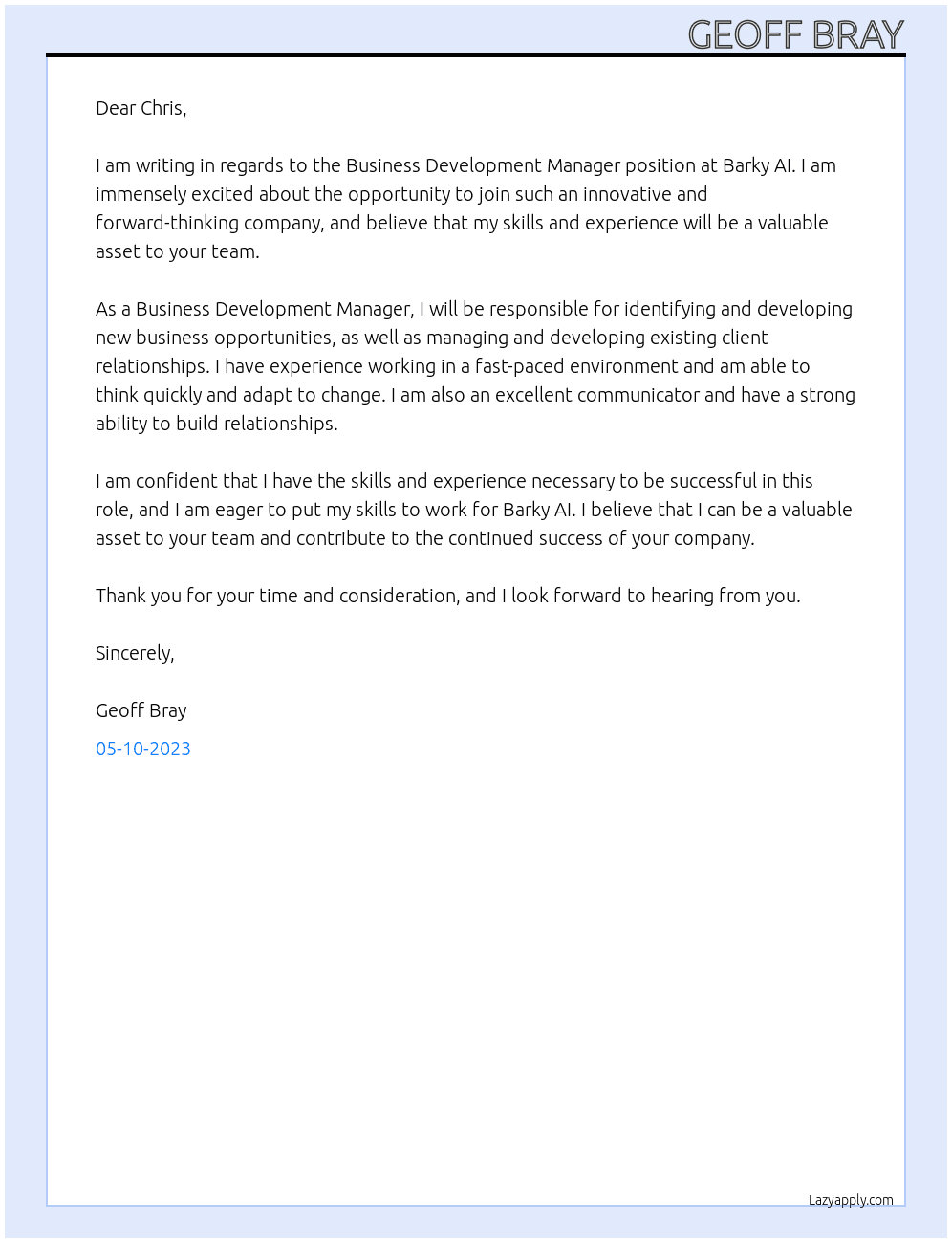 Business Development Manager At Barky AI Cover Letter