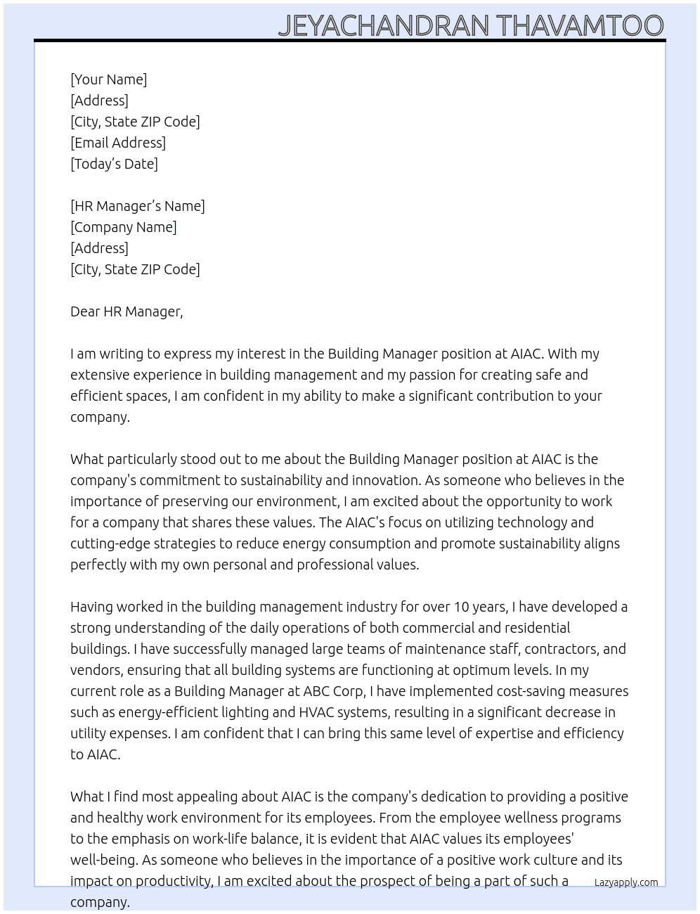 Building Manager At AIAC Cover Letter
