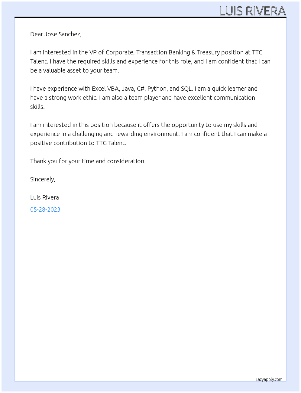 VP OF CORPORATE, TRANSACTION BANKING & TREASURY At TTG Talent Cover Letter