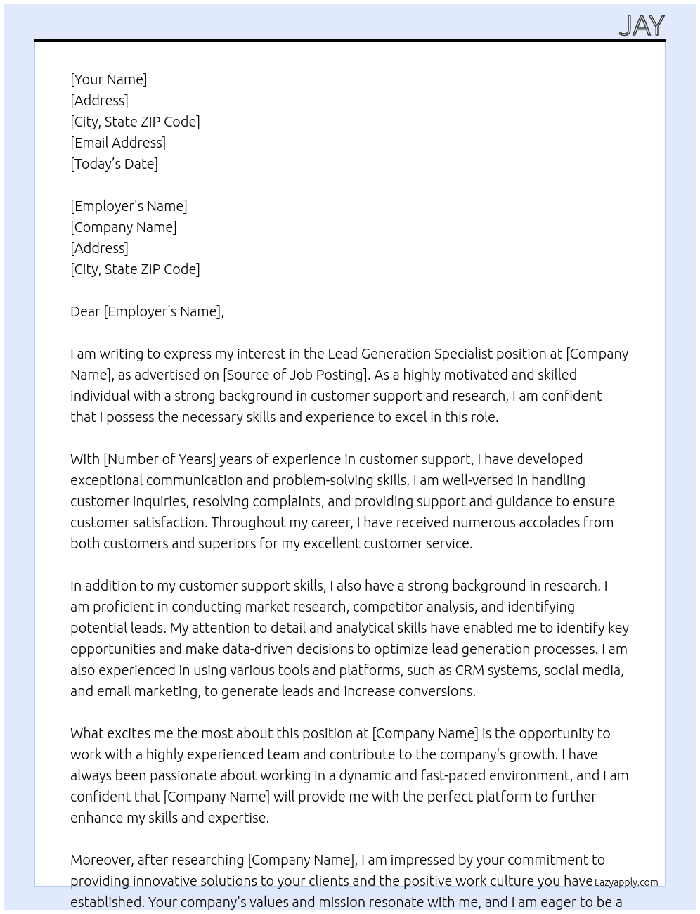 Lead Generation Specialist At CA Cover Letter