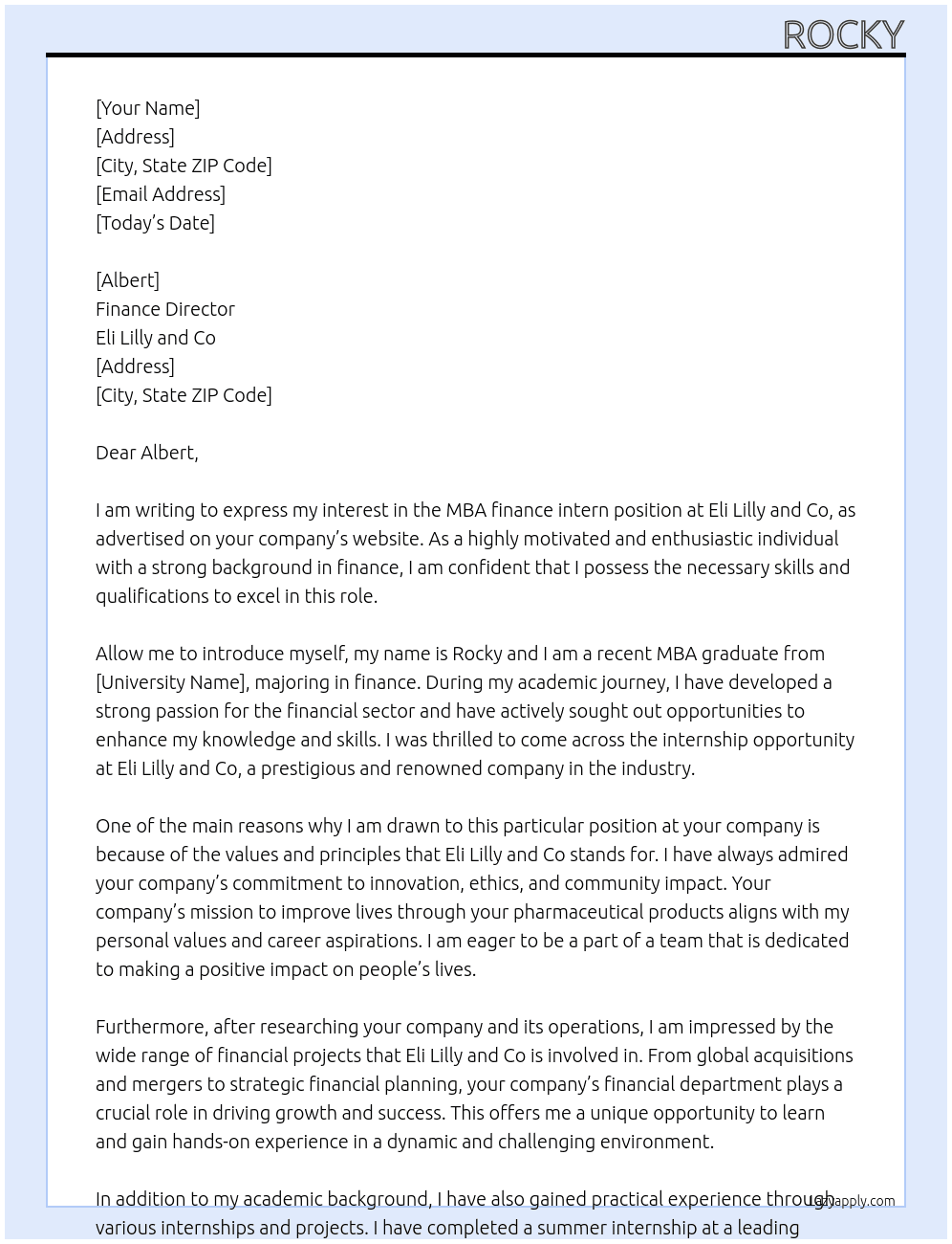 MBA finance intern At Eli Lilly and co Cover Letter