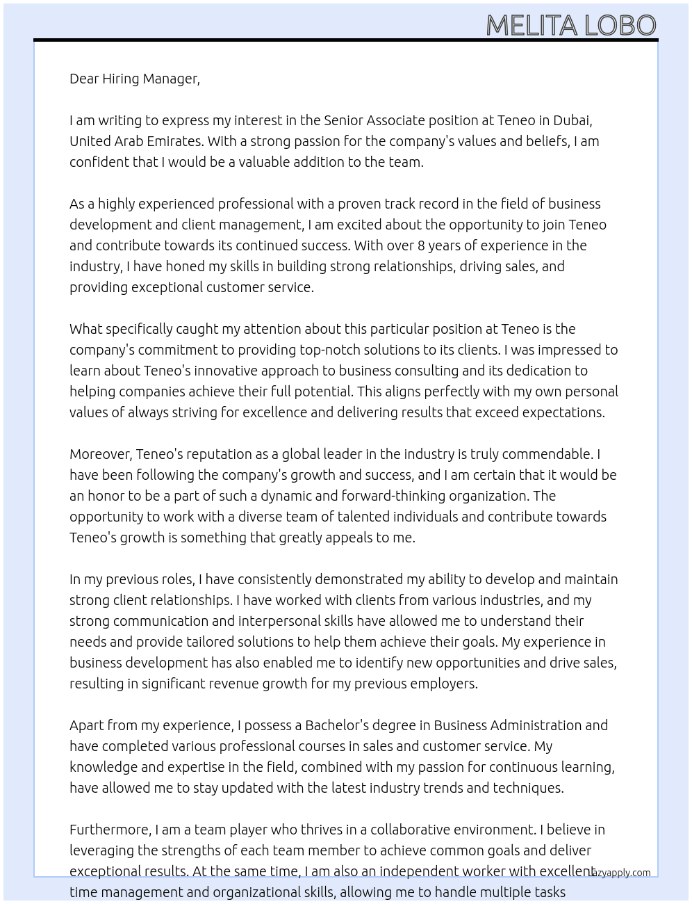 Senior Associate At Teneo Cover Letter