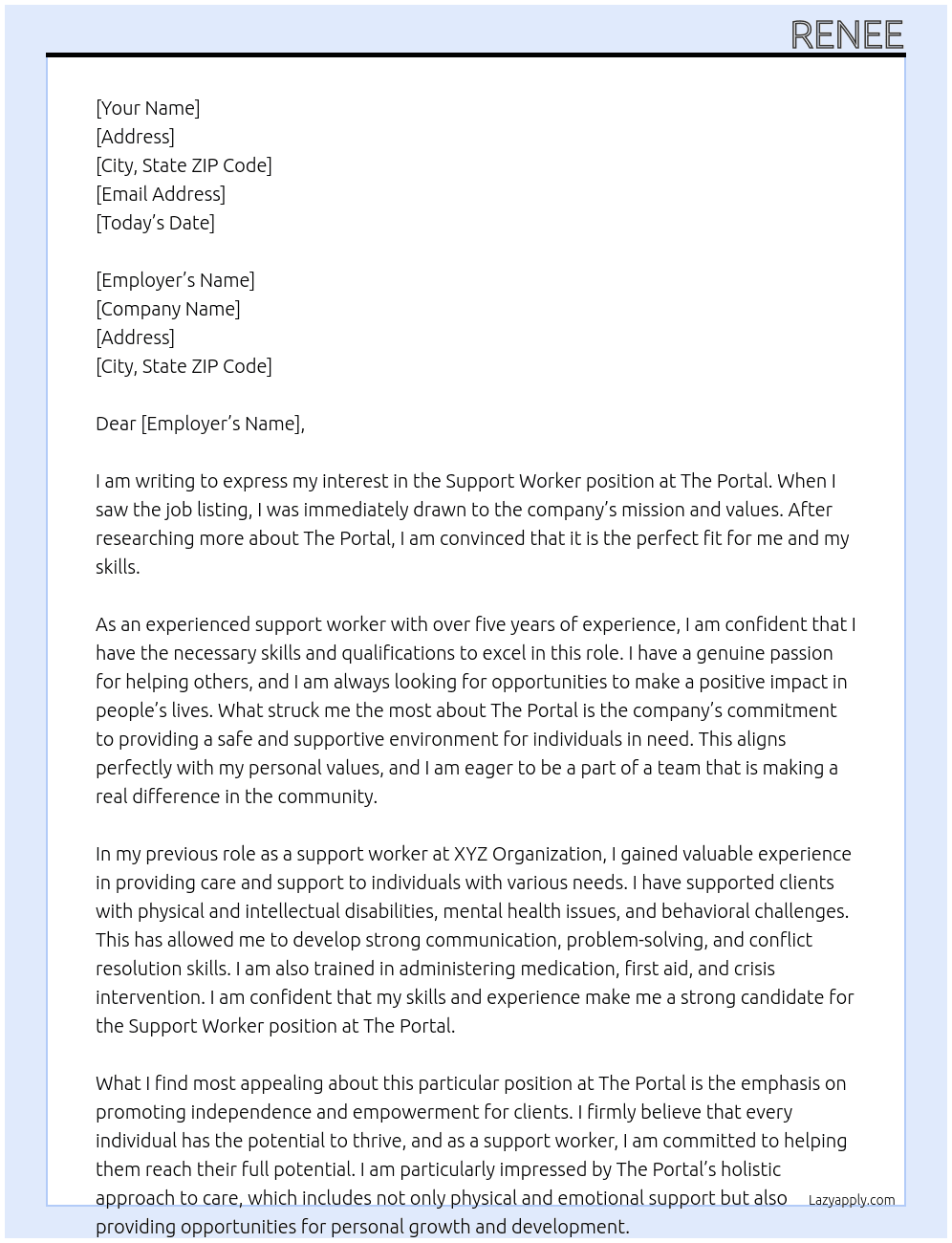 support worker At the portal Cover Letter
