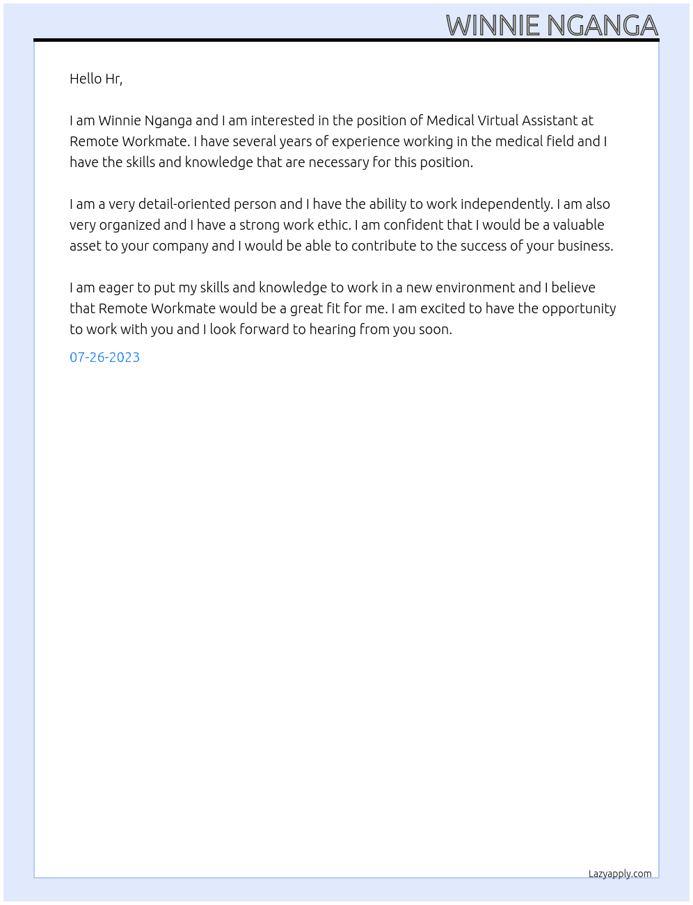 Medical Virtual Assistant At Remote Workmate Cover Letter