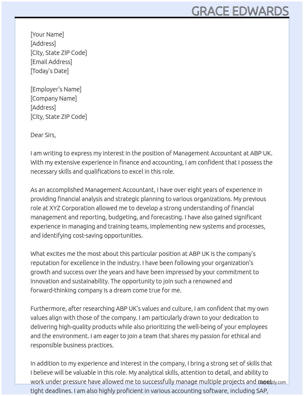Management Accountant At ABP UK Cover Letter