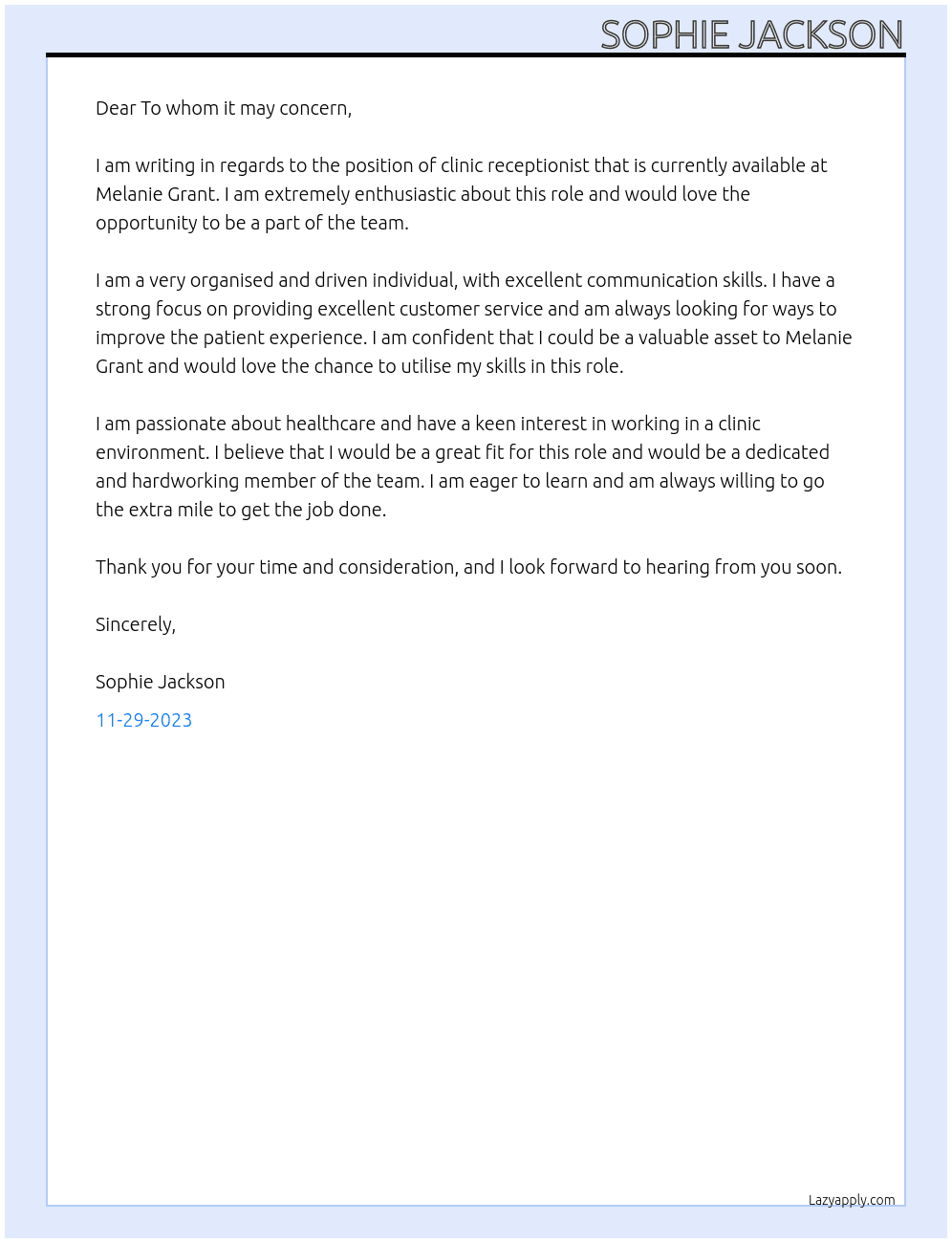 Clinic receptionist  At Melanie Grant Cover Letter