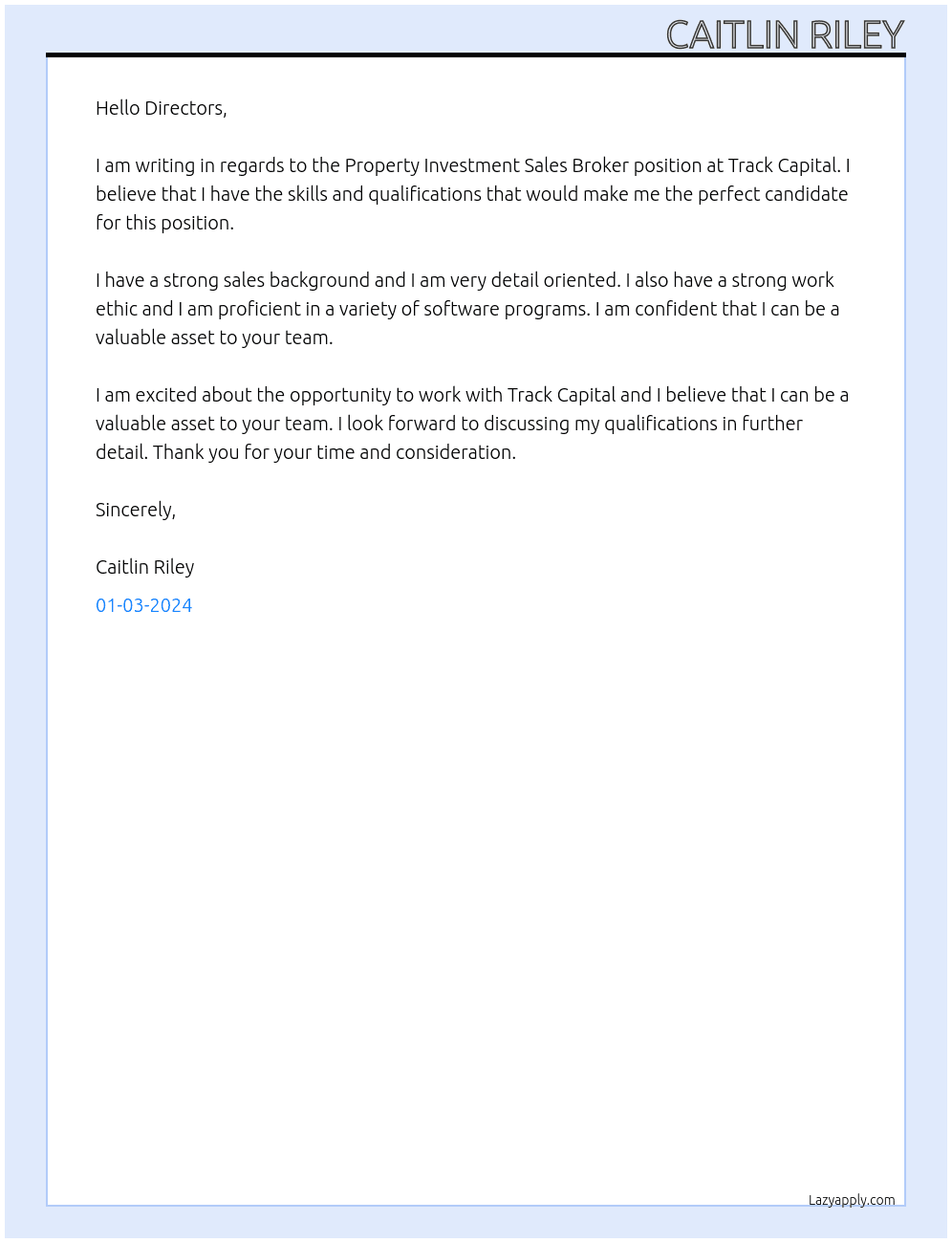 roperty Investment Sales Broker At Track Capital Cover Letter