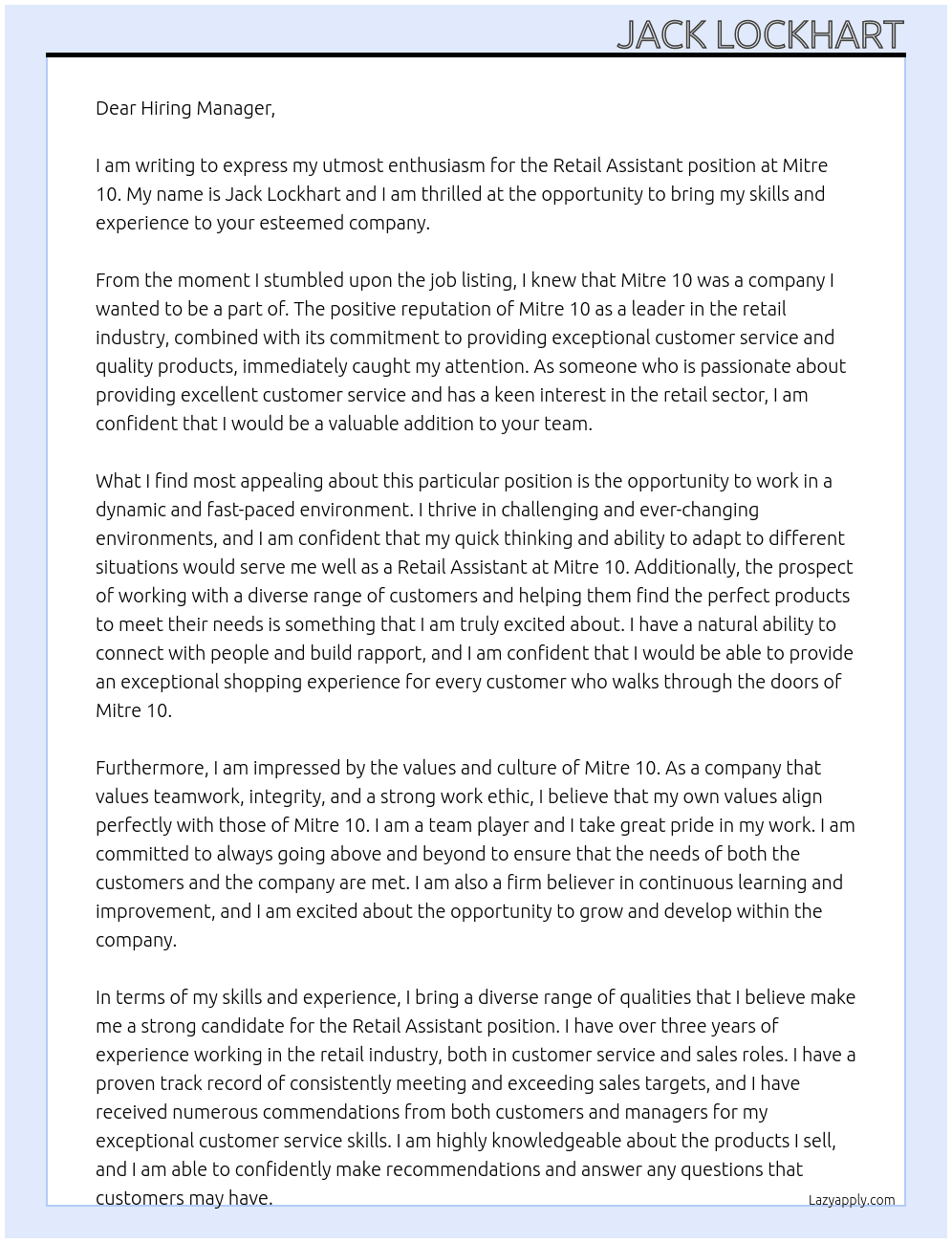 Retail Assistant At Mitre 10 Cover Letter
