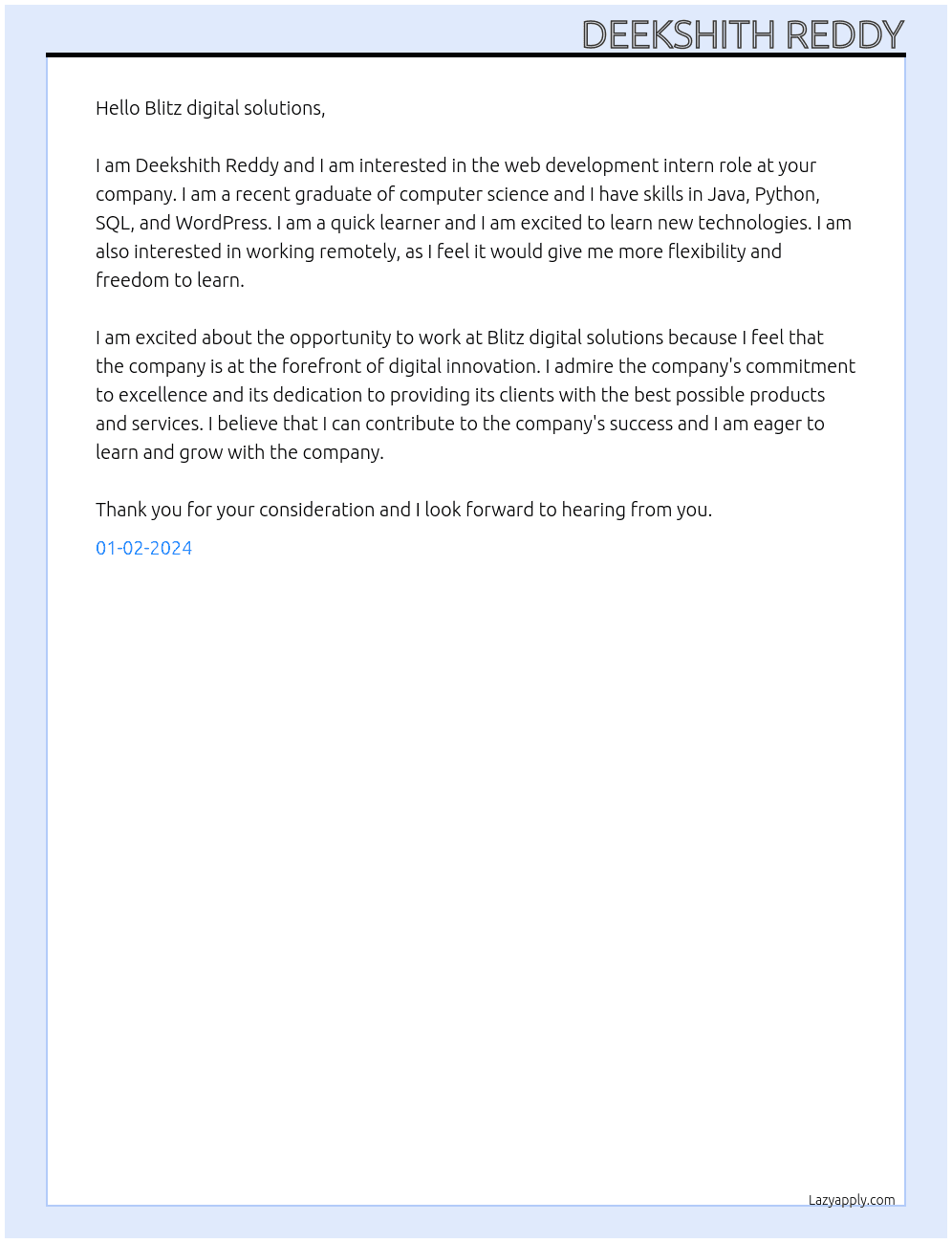 Web development At Blitz digital solutions Cover Letter