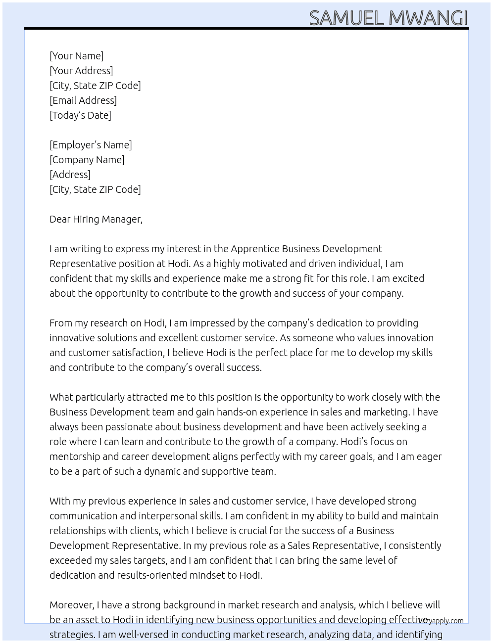  Apprentice Business Development Representative At hodi Cover Letter