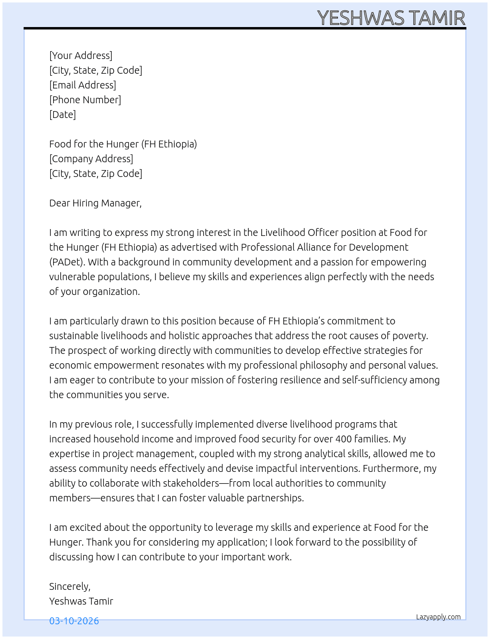Livilihood officer At Professional Alliance  for Development(PADet) Cover Letter