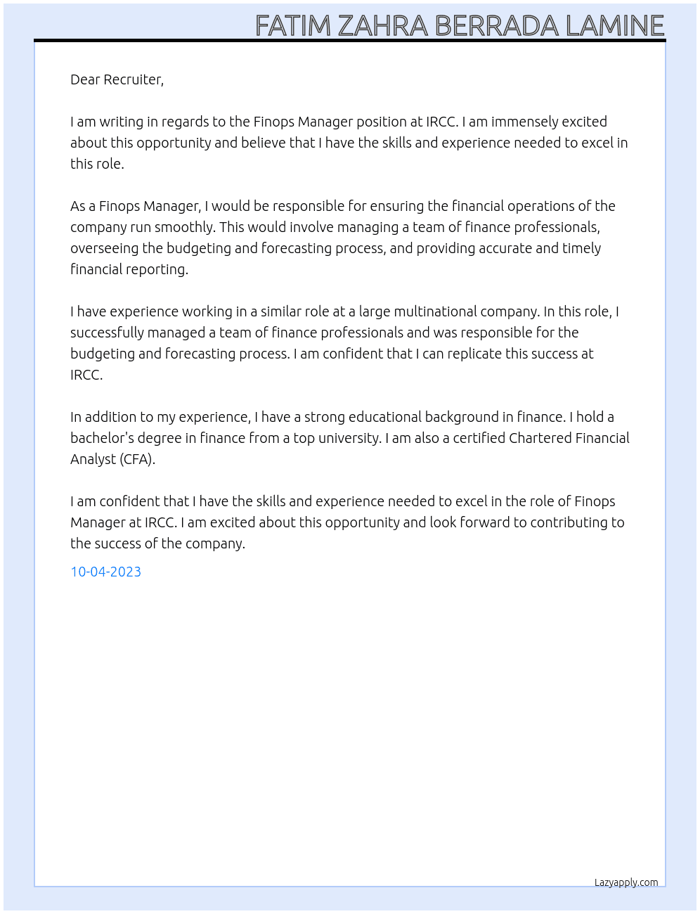 Finops Manager At IRCC Cover Letter